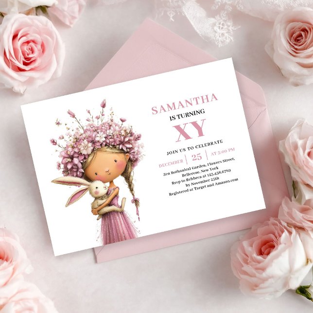 Whimsy Fée Flicka 4-års födelsedags Blush Blommig  Inbjudningar (Whimsy Fairy Girl 4th Birthday Blush Floral invitation)