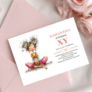 Whimsy Fée Flicka 4-års födelsedags rosenfärgad bl Inbjudningar