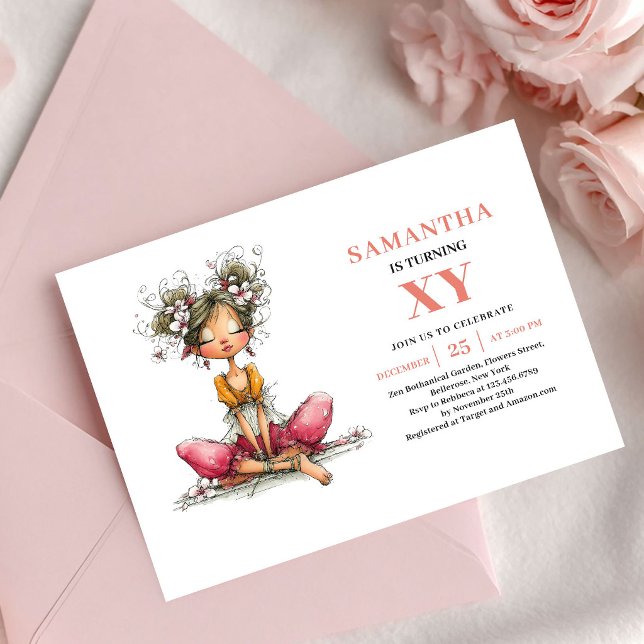 Whimsy Fée Flicka 4-års födelsedags rosenfärgad bl Inbjudningar (Whimsy Fairy Girl 4th Birthday Pink Floral invitation)