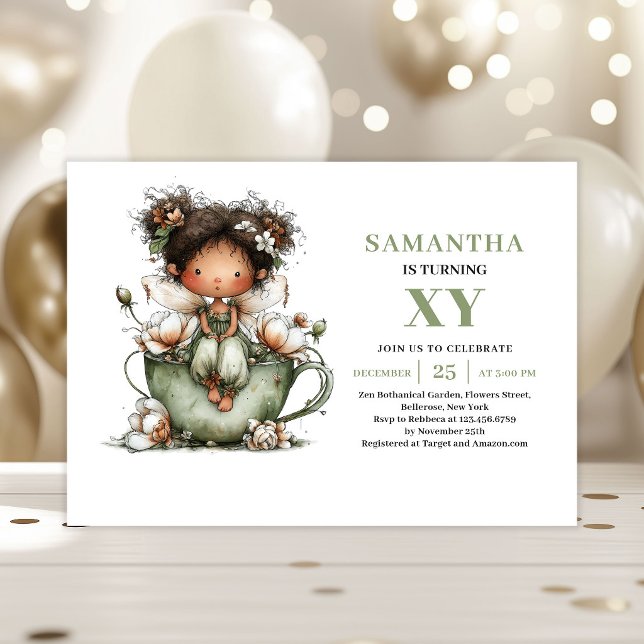 Whimsy Fée Flicka 4-års Grönskande Inbjudan (Whimsy Fairy Girl 4th Birthday Greenery Invitation)
