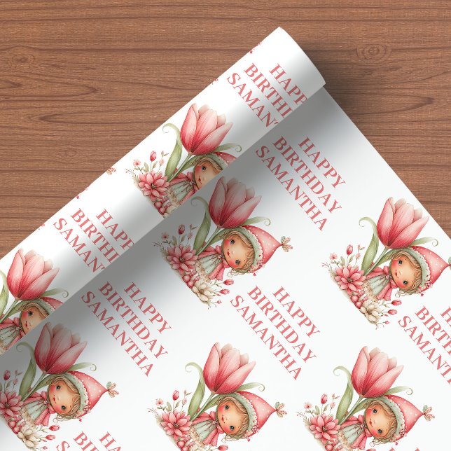 Whimsy Fée Flicka 4-årsdag Pastell Rosa Presentpapper (Whimsy Fairy Girl 4th Birthday Pastel Pink wrapping paper)