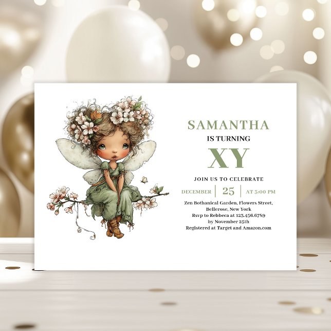 Whimsy Fée Flicka 4-årsdag Sage Blommig Inbjudan (Whimsy Fairy Girl 4th Birthday Sage Floral Invitation)