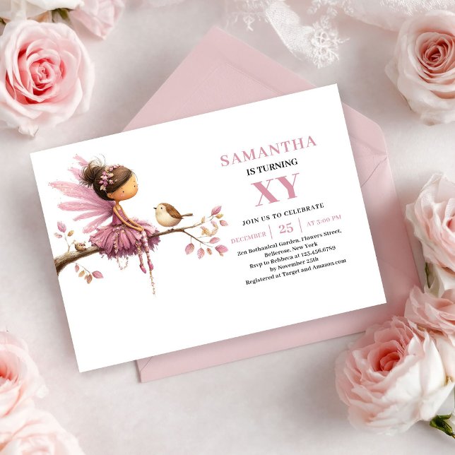 Whimsy Fée Flicka Födelsedag Rose Guld inbjudan (Whimsy Fairy Girl Birthday Rose Gold invitation)