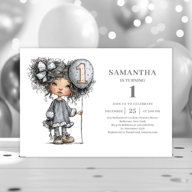 Whimsy Flickas 1-årsfest Svart Guld Inbjudan (Whimsy Girl 1st Birthday Black Gold Party invitation)