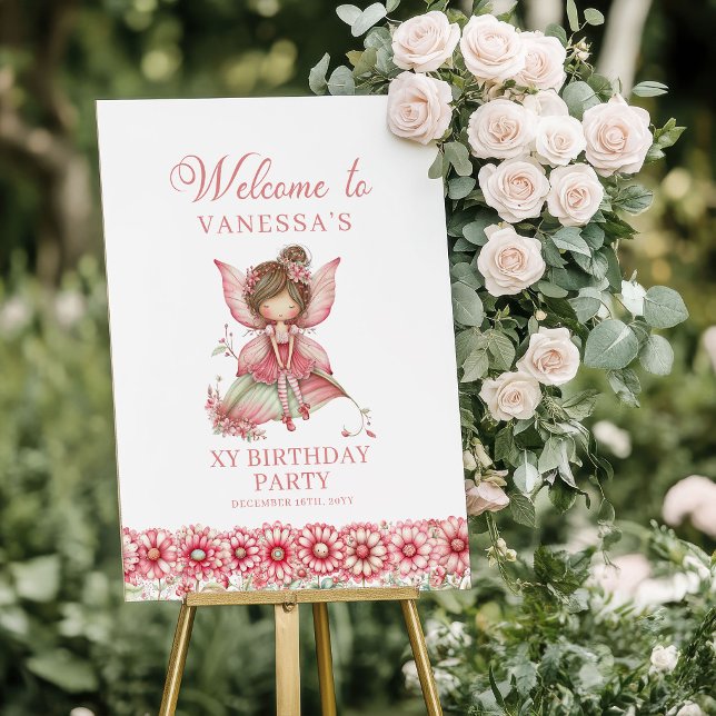 Whimsy Floral Fairy Rosa 5-års Födelsedags Välkoms Poster (Whimsy Floral Fairy Pink 5th Birthday Welcome Poster)