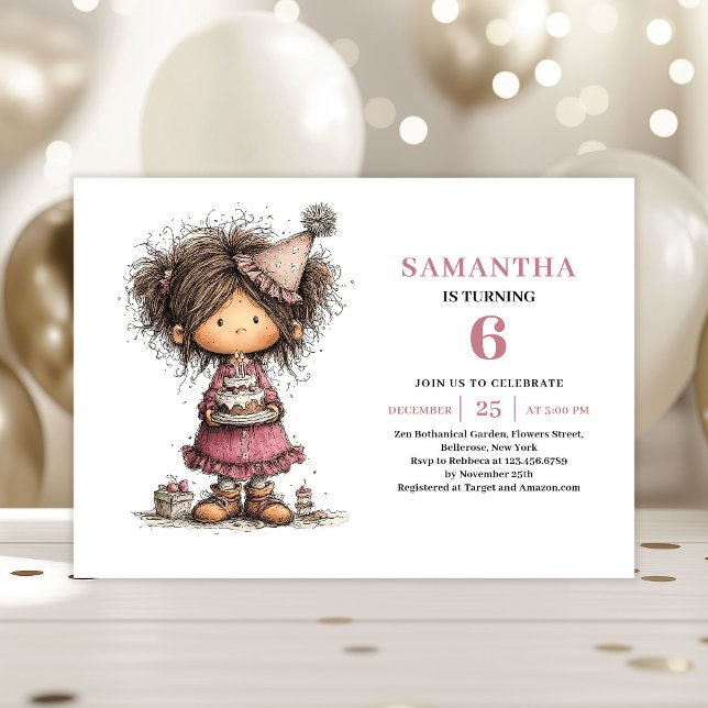 Whimsy Funny Girl 6-års inbjudan Rosa (Whimsy Funny Girl 6th Birthday Invitation Pink)