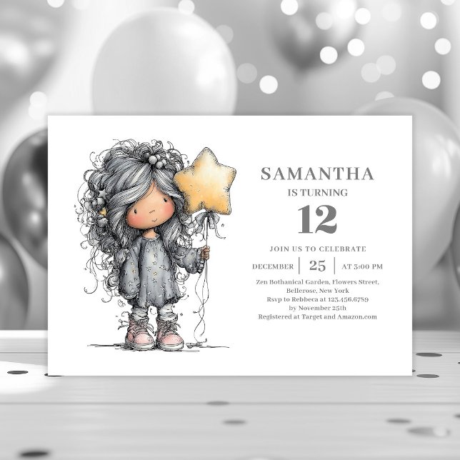 Whimsy Funny Girl 9-års födelsedag Svart Guld Part Inbjudningar (Whimsy Funny Girl 9th Birthday Black Gold Party invitation)
