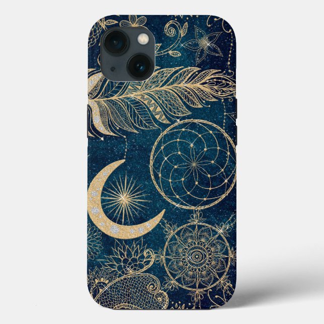 Whimsy Guld Glitter Drömfångare Fjädrar Mandala (Baksida)