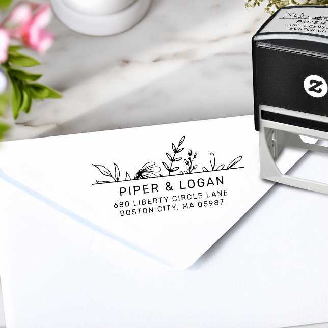 Whimsy Handritad Grönska Returadress Självfärgande Stämpel (Whimsy Hand-drawn Greenery Return Address Self-inking Stamp)