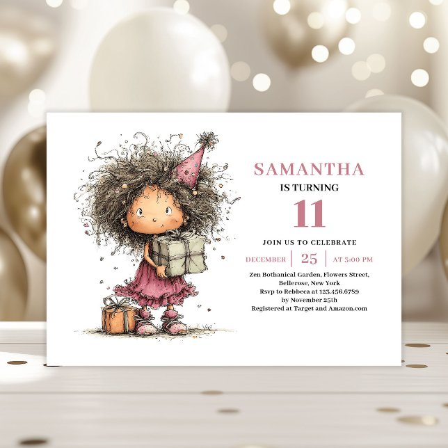 Whimsy Kids 11-års födelsedagsinbjudan Rosa Utskri Inbjudningar (Whimsy Kids 11th Birthday Invite Pink Printable)