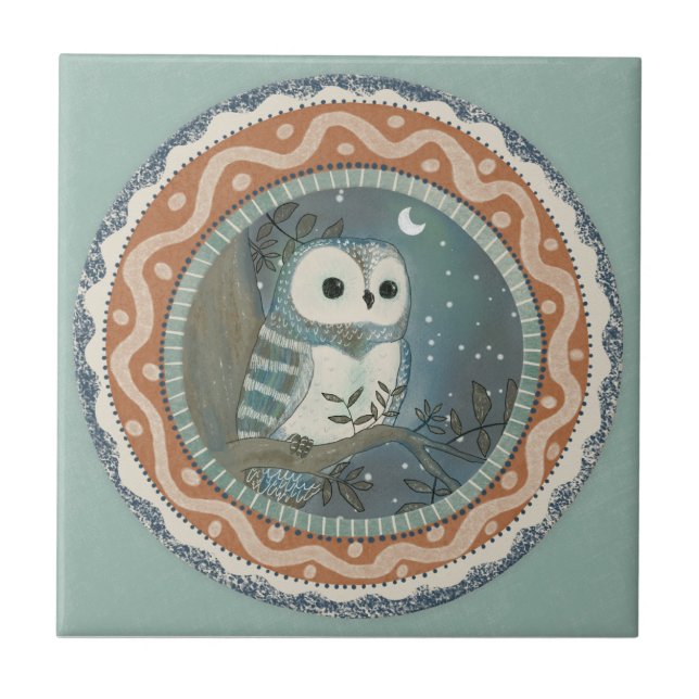Whimsy Owl Mint Blå Terrakotta Teal Aqua Kakelplatta (Framsidan)