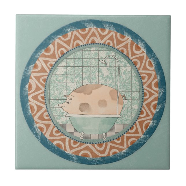 Whimsy Pig Mint Blue Terracotta Aqua Teal Kakelplatta (Framsidan)