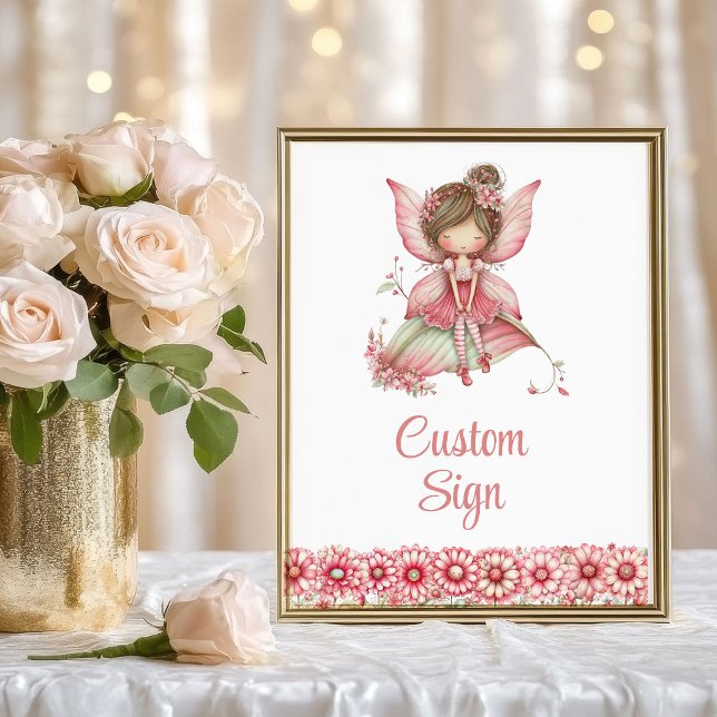 Whimsy Rosa Sagoblommor 2-års Födelsedagssköld Bes Poster (Whimsy Pink Fairy Flowers 2nd Birthday Custom Sign)