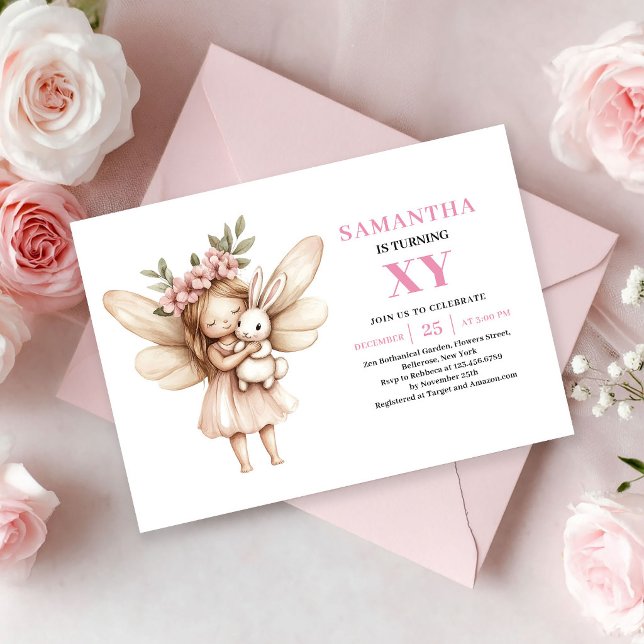 Whimsy Rosa Sagoflicka Flicka 9-års Födelsedags Bl Inbjudningar (Whimsy Pink Fairy Girl 9th Birthday Floral invitation)