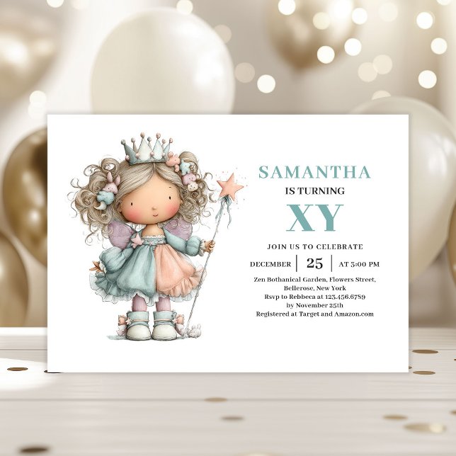 Whimsy Sagoflicka 4-års Födelsedagsinbjudan Söt Ma Inbjudningar (Whimsy Fairy Girl 4th Birthday Cute Magical invitation)