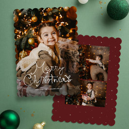 Whimsy script Merry Christmas three photo red Julkort