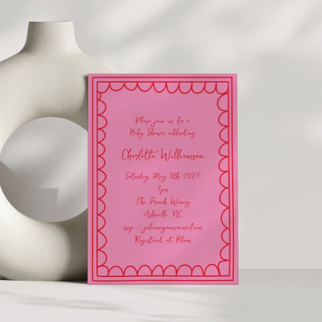 Whimsy Script Rosa Röd Klotter Kant Baby Shower Inbjudningar (Skapare uppladdad)