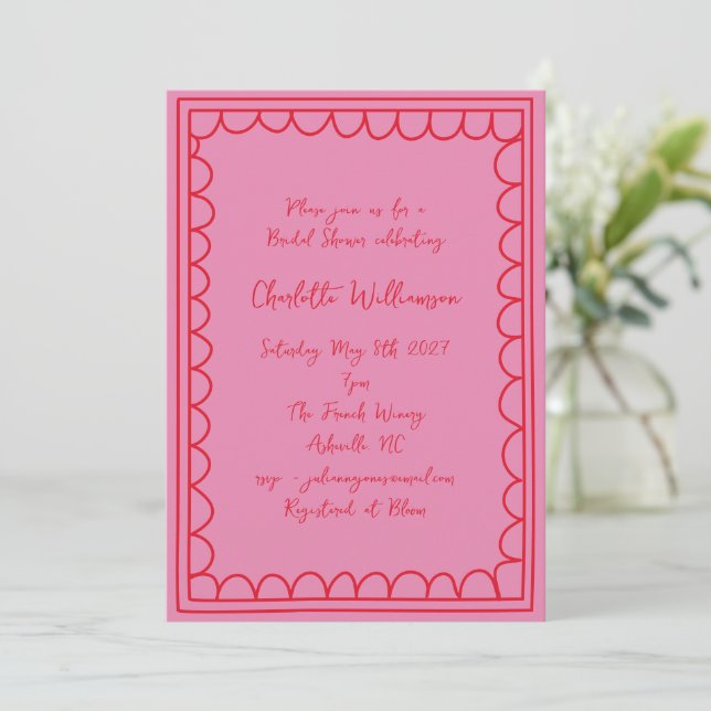 Whimsy Script Rosa Röd Klotter Kant Bröllopsdusch Inbjudningar (Stående Fram)