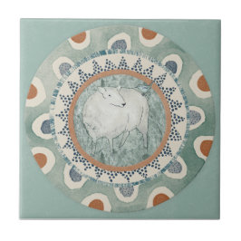 Whimsy Sheep & Bird Mint Blue Terracotta Aqua Kakelplatta