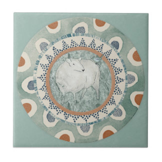 Whimsy Sheep & Bird Mint Blue Terracotta Aqua Kakelplatta