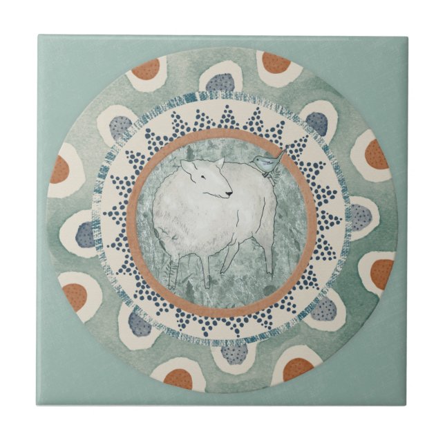Whimsy Sheep & Bird Mint Blue Terracotta Aqua Kakelplatta (Framsidan)