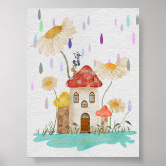 Whimsy Svamp Hus i Blommig Regn Vattenfärg Poster