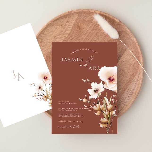 Whimsy Terrakotta Rosa Vildblommor Blommig Bröllop Inbjudningar (Whimsical Terracotta Pink Wildflowers Wedding Invitation)