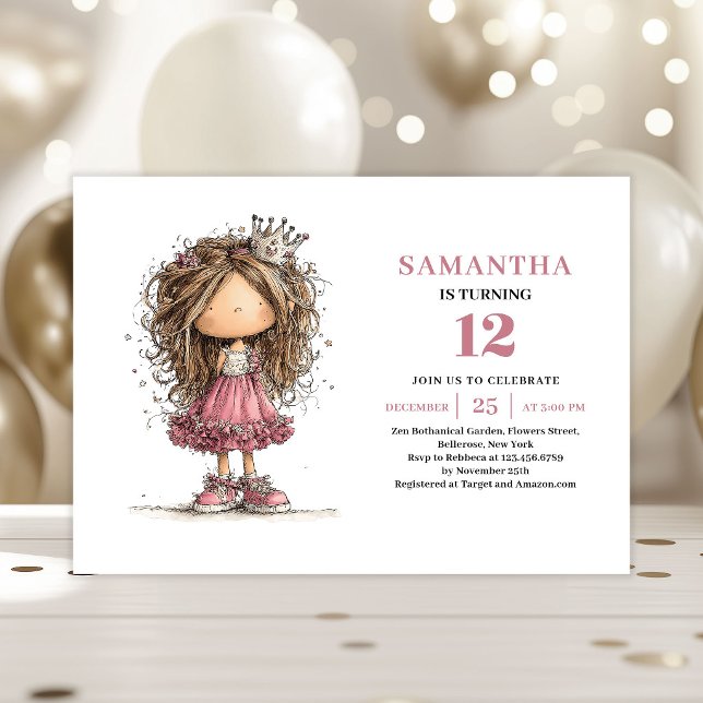 Whimsy Tonårsflicka 12-års Födelsedagsinbjudan Ros Inbjudningar (Whimsy Teen Girl 12th Birthday Invite Pink)