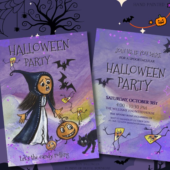 Whimsy Witch, Pumpkin & Candy Corn Halloween Party Inbjudningar (Whimsy Witch, Pumpkin & Candy Corn Halloween Party Invitation)