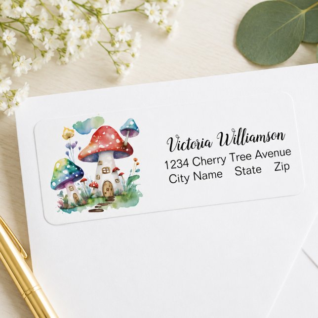 Whimsyfull Mushroom Hus Stuga Returadress Etikett (Add name & address details to customize)