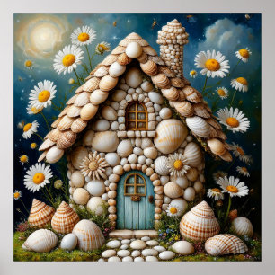 Whimsyfull stuga med livfull blomsterträdgård poster