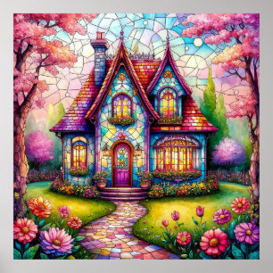 Whimsyfull stuga med livfull blomsterträdgård poster
