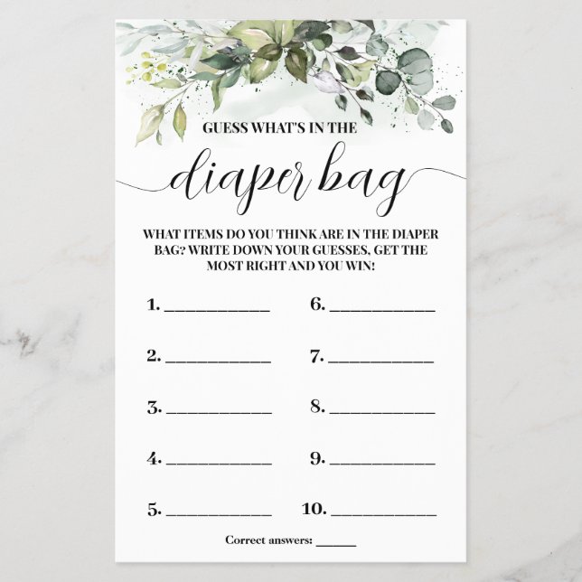 Whin in Diaper Bag Greenery Baby Shower Game Card Flygblad (Framsidan)