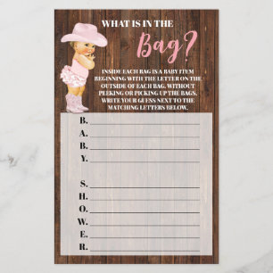 Whin in the Bag Cowgirl Baby Shower Game Card Flygblad