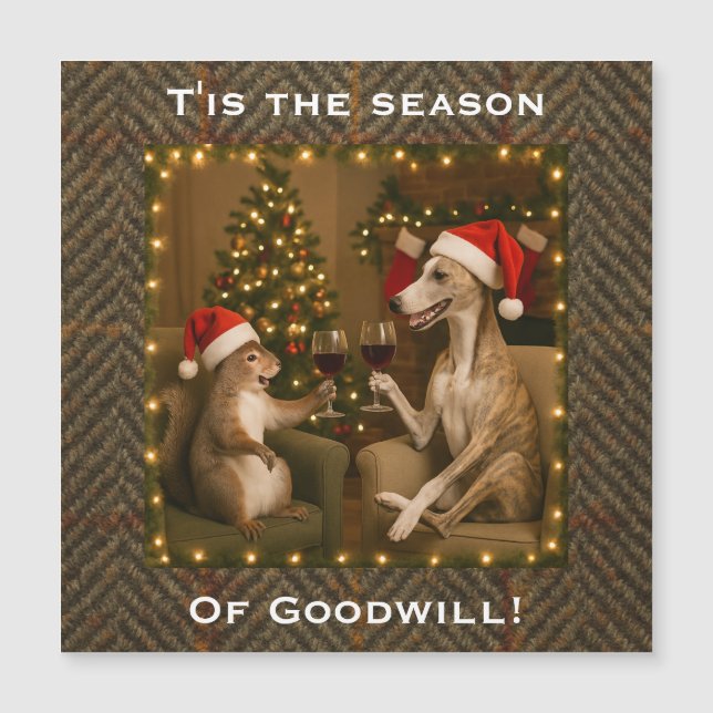 Whippet and Squirrel Christmas magnetic card (Framsida)