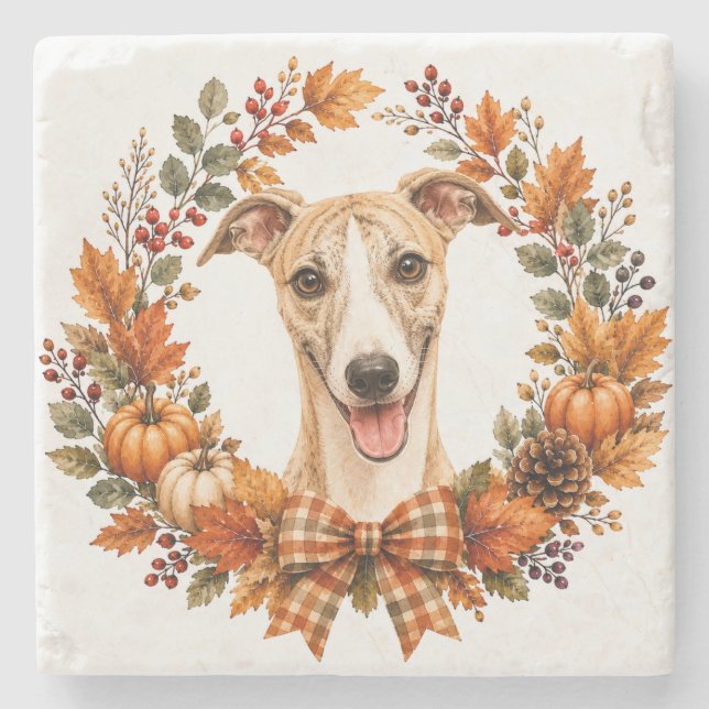 Whippet Autumn Wreath Coaster Stenunderlägg (Framsidan)