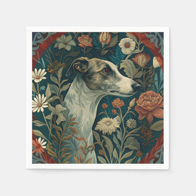 Whippet Brindle and White William Morris Style Pappersservett (Framsidan)