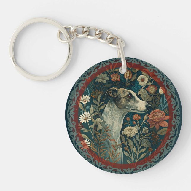 Whippet Brindle och Vit William Morris Blommig (Framsidan)