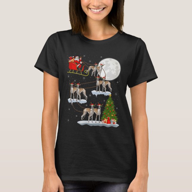 Whippet Dog Santa Sleigh Flying Funny Magical Chri T Shirt (Framsida)