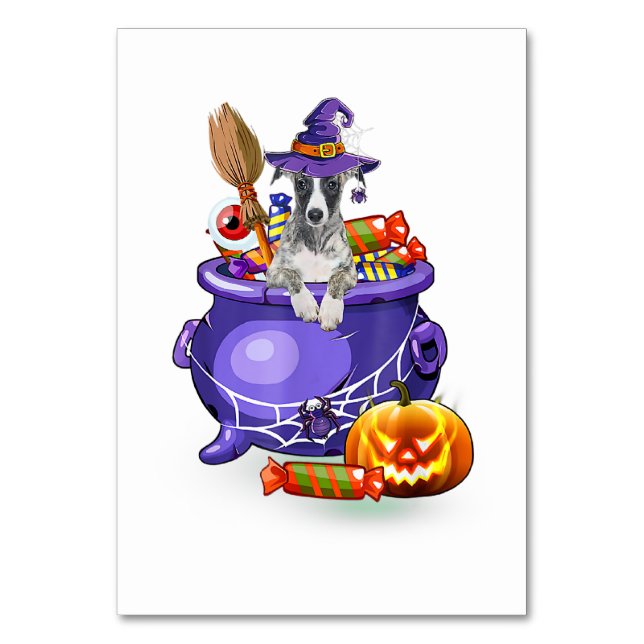 Whippet Dog with witch hat Candy Pumpkin Halloween Bordsnummer (Framsidan)