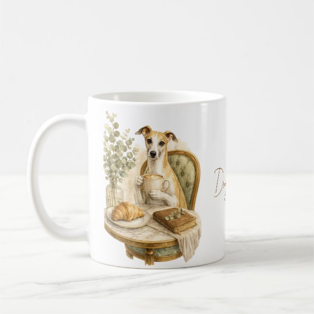 Whippet kaffelskares present | Elegant akvarellhun Kaffemugg (Vänster)
