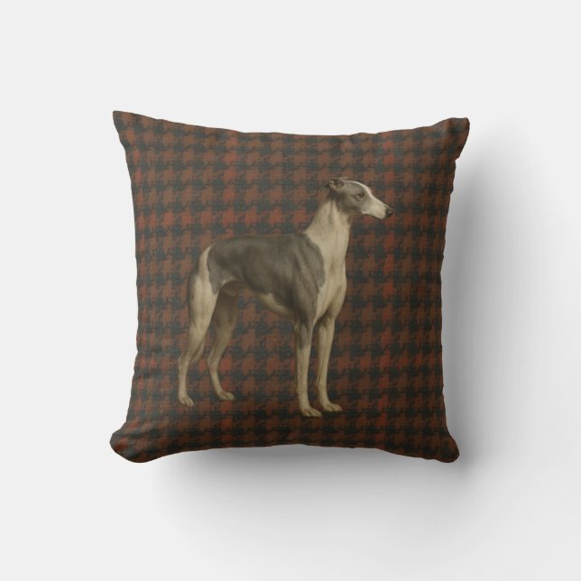 Whippet kastkudde. Whippet på tweed/rutig Kudde (Framsida)