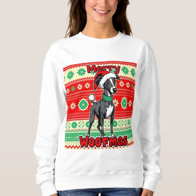 Whippet Merry Woofmas T Shirt (Framsida)