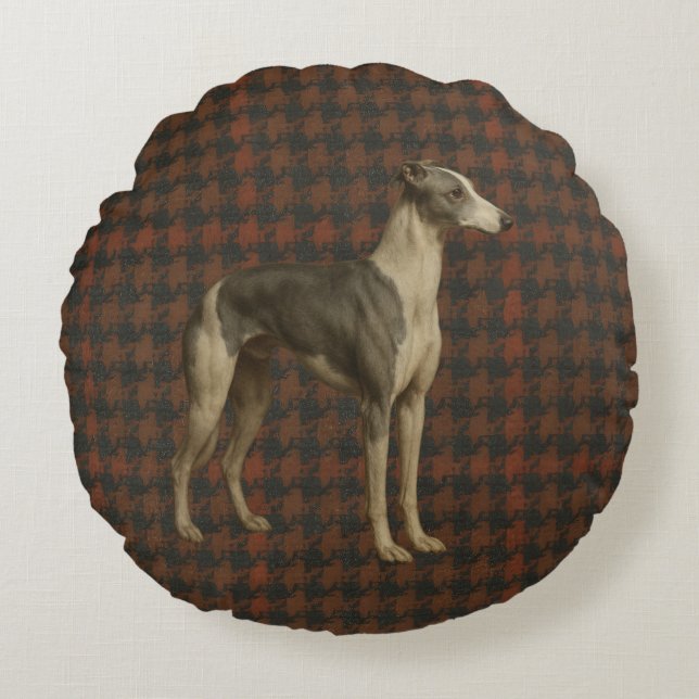 Whippet round cushion. Whippet on tweed/tartan Rund Kudde (Framsidan)