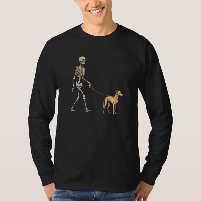 Whippet Skeleton Dog Walking Halloween Dog T Shirt (Framsida)