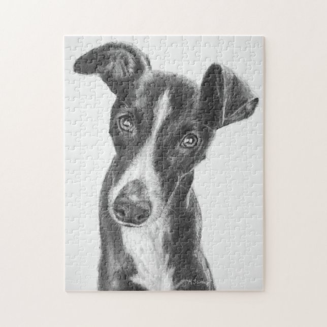 Whippet svart med viteldsvåda pussel (Vertikal)