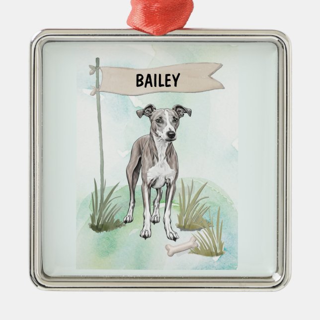 Whippet Watercolor Personalized Dog Julgransprydnad Metall (Framsidan)