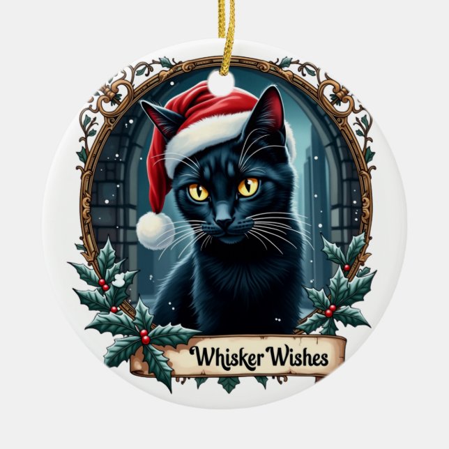 Whisker Wishes - Black Cat Christmas Art Ornament  (Framsidan)