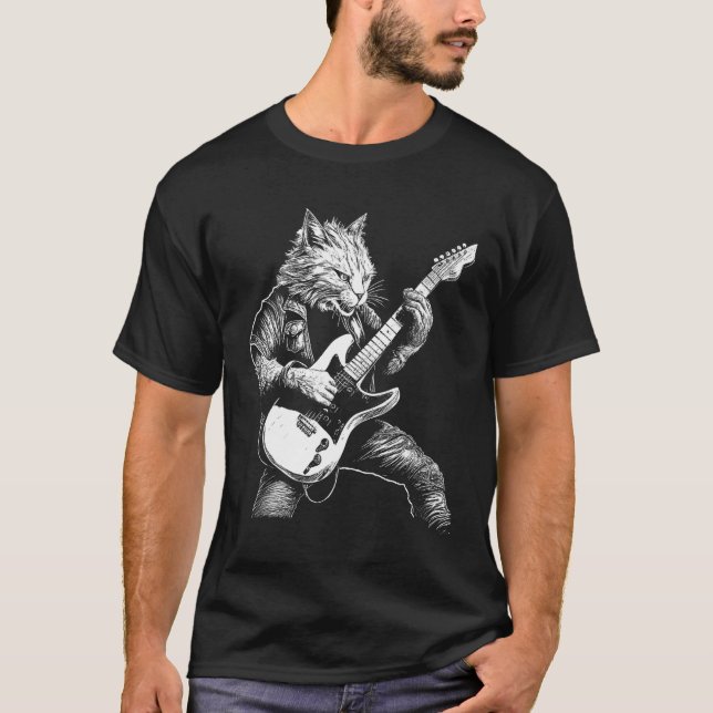 Whiskered Rockstar Cat Shredding the Strings T Shirt (Framsida)