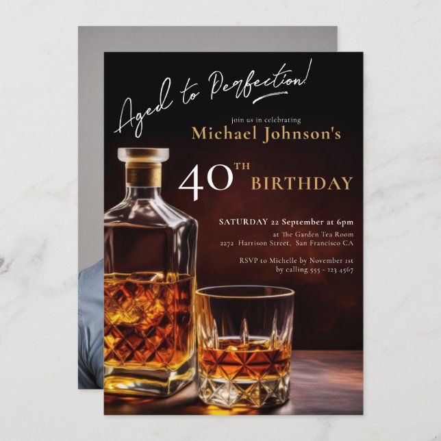Whiskey Black Guld Photo 40:e födelsedagen Party Inbjudningar (Fram/baksida)